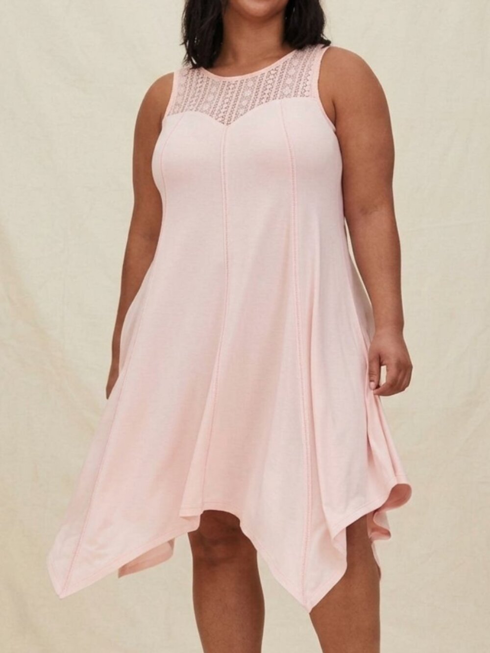 TORRID 0 Plus Size Midi Jersey Trapeze Dress Light Baby Pink Sleeveless Crochet